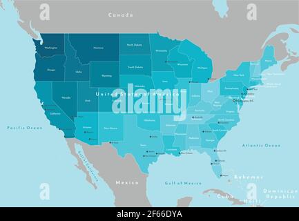 Vektor moderne Illustration. Vereinfachte geografische Karte der Vereinigten Staaten von Amerika (USA) und der Nachbarländer. Blauer Hintergrund der Ozeane. Namen Stock Vektor