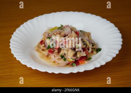 Peruanischer Seehecht und tune Ceviche mit Gemüse, Gewürzen und Limette auf einem weißen Teller Stockfoto
