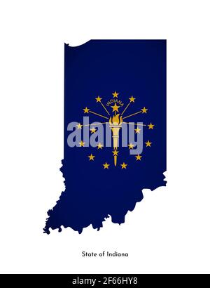 Vektor isolierte Illustration mit Flagge und vereinfachte Karte von Indiana (State of USA). Volumeschatten auf der Karte. Weißer Hintergrund Stock Vektor