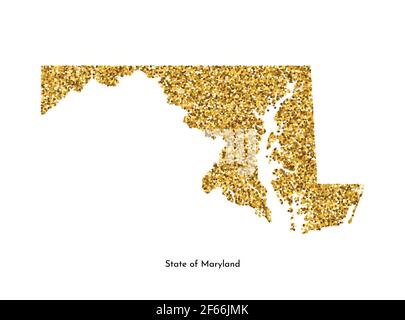 Vektor isolierte Illustration mit vereinfachter Karte von State of Maryland (USA). Glänzende goldfarbene Glitzerstruktur. Dekorationsvorlage. Stock Vektor