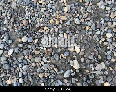 Hintergrund von Meeressteinen im Sand. Stockfoto
