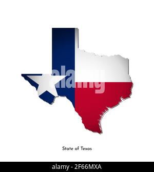 Vektor isolierte Illustration mit Flagge und vereinfachte Karte von Texas (State of USA). Volumeschatten auf der Karte. Weißer Hintergrund Stock Vektor