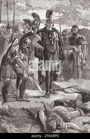 Alexander und der Körper von Daruis III. Alexander III von Macedon, 20/21. Juli 356 BC – 10/11. Juni 323 BC, alias Alexander der große. König des antiken griechischen Königreichs Makedonien. Darius III, c. 380 – 330 V. CHR. Letzter Achämenid König der Könige von Persien. Aus Cassells Universal History, veröffentlicht 1888. Stockfoto