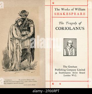 Frontispiz und Titelblatt aus dem Shakespeare-Stück Coriolanus. Akt II Szene I. Coriolanus, 'würdest du gelacht haben, wenn ich nach Hause gekommen wäre, das Wehkeul, mich triumphieren zu sehen?' Aus den Werken von William Shakespeare, veröffentlicht c,1900 Stockfoto