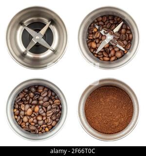 Set von vier Fotos einer Kaffeemühle, Draufsicht: Eine leere, eine Kaffeemühle mit ganzen Kaffeebohnen mit unterschiedlichen Füllmengen Stockfoto