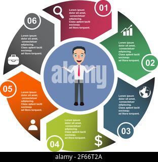 6 Schritt Vektorelement in sechs Farben mit Beschriftungen, Infografik-Diagramm. Geschäftskonzept von 6 Schritten oder Optionen mit Geschäftsmann . Stock Vektor
