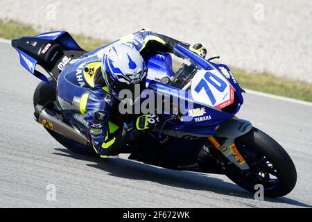 Barcelona, Spanien. März 2021, 30th. Superbikes, WorldSSP600, Tag 2 Tests auf dem Circuit Barcelona-Catalunya; Alcoba Reiten Yamaha YZF R6 von MS Racing Credit: Action Plus Sports/Alamy Live News Stockfoto