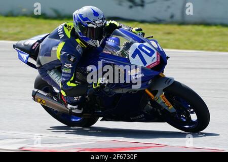 Barcelona, Spanien. März 2021, 30th. Superbikes, WorldSSP600, Tag 2 Tests auf dem Circuit Barcelona-Catalunya; Alcoba Reiten Yamaha YZF R6 von MS Racing Credit: Action Plus Sports/Alamy Live News Stockfoto