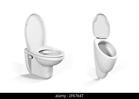 Toilettenschüssel und Urinalmockup isoliert auf weißem Hintergrund - 3D Render Stockfoto