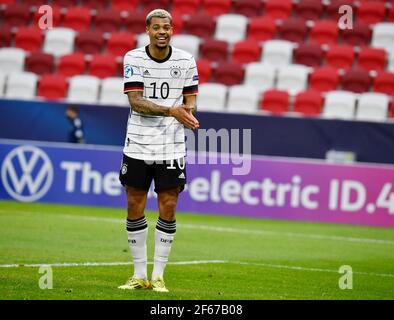 Budapest, Ungarn. März 2021, 30th. Fußball, U-21 Männer: Europameisterschaft, Deutschland - Rumänien, Vorrunde, Gruppe A, Matchday 3, Bozsik Arena. Der deutsche Lukas Nmecha ist glücklich. Kredit: Marton Monus/dpa/Alamy Live Nachrichten Stockfoto