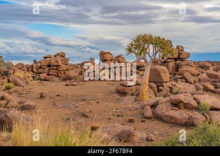 Massiver Dolerit Felsformationen auf Giant's Playground bei Keetmanshoop, Namibia, Afrika, Hintergrund wolkig Stockfoto
