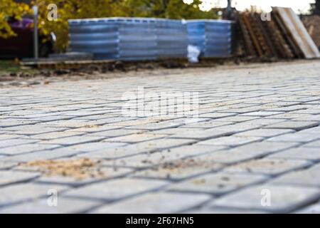 Neue Pflaster von Pflasterplatten, neue Straße gepflastert Stockfoto