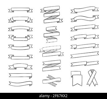 Bänder im skizzenhaften Stil. Contour handgezeichnete Vintage Bänder Kollektion für Textdekoration, Banner, Etiketten, Grußkarte. Vektorgrafik. Stock Vektor