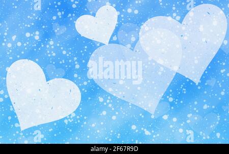 Verträumt gemalt Licht Herzen auf blauem Schnee Hintergrund Stockfoto