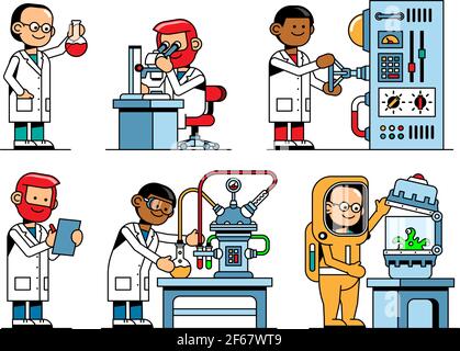 Wissenschaftler in Chemie und Physik mit Laborgeräten Stock Vektor