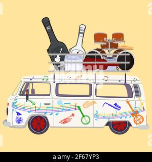 Musik Tour Bus Vektor flache Illustration Stock Vektor