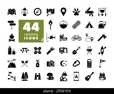 Camping, Wandern, Natur und Outdoor-Aktivitäten Glyphen Icons Set. Graph Symbol für Reise-und Tourismus-Website und Apps Design, Logo, App, UI Stock Vektor