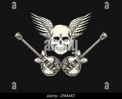 Gitarre mit Engelsflügeln und Totenkopf. Handgezeichnete Grunge-Skizze mit einem Tattoo oder T-Shirt oder Holzschnitt. Rock and Roll-Konzept. Vintage-Vektor-Illustration Stock Vektor