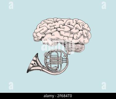 Musik und Gehirn im Vintage-Stil. Jazz Tuba oder Trompete. Handgezeichnete Grunge-Skizze für Tattoo oder T-Shirt oder Holzschnitt. Vintage Vektor Illustration für Stock Vektor