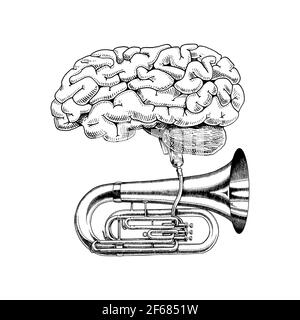 Musik und Gehirn im Vintage-Stil. Jazz Tuba oder Trompete. Handgezeichnete Grunge-Skizze für Tattoo oder T-Shirt oder Holzschnitt. Vintage Vektor Illustration für Stock Vektor