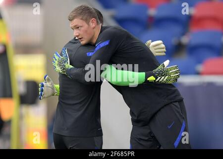 SZEKESFEHERVAR, UNGARN - MÄRZ 30: Torwart Justin Bijlow aus den Niederlanden U21, Torwart Kjell Scherpen aus den Niederlanden U21 während der UEFA Stockfoto