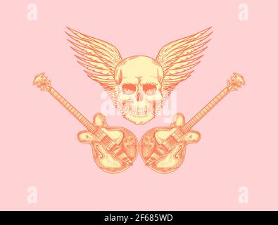 Gitarre mit Engelsflügeln und Totenkopf. Handgezeichnete Grunge-Skizze mit einem Tattoo oder T-Shirt oder Holzschnitt. Rock and Roll-Konzept. Vintage-Vektor-Illustration Stock Vektor