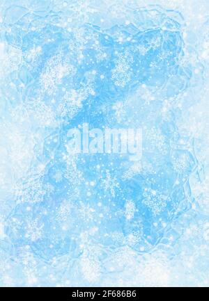 Gefrorenes Fenster und fallende Schneeflocken. Verträumter Winterhintergrund Stockfoto