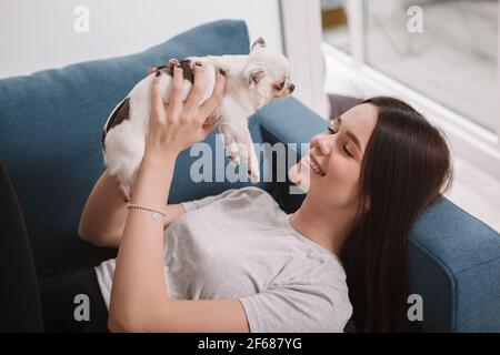 Schöne glückliche Frau zu Hause auf dem Sofa entspannen, spielen mit ihrem niedlichen kleinen chihuahua Hund Stockfoto