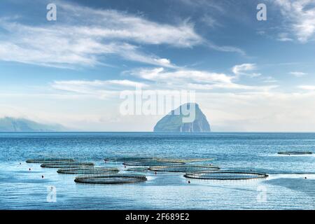 Fischfarm in der Nähe des Dorfes Sandavagur auf der Insel Vagar Stockfoto