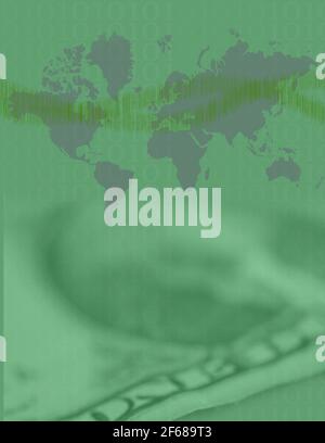 Weltkarte und Binärcode. US-Dollar im Hintergrund. 3D Rendern Stockfoto