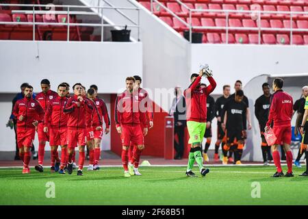 Gibraltar, Gibraltar. März 2021, 30th. GIBRALTAR, GIBRALTAR - 30. MÄRZ: Team Gibraltar während der FIFA WM 2022 Qatar Qualifier Spiel zwischen Gibraltar und den Niederlanden im Victoria Stadium am 30. März 2021 in Gibraltar, Gibraltar (Foto von Pablo Morano/Orange Pictures) Kredit: Orange Pics BV/Alamy Live News Stockfoto