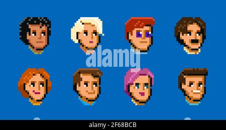 Set von verschiedenen männlichen und weiblichen Avatare, einfache flache Cartoon im Stil Pixel Art. Nette Menschen Gesichter, Symbole Stock Vektor