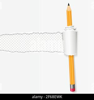Realistisches zerknittertes Papier mit gerollter Kante und gelbem Bleistift Transparenter Hintergrund Stock Vektor