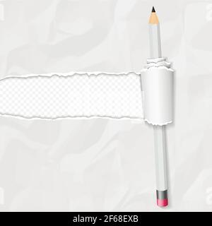 Realistisches zerknittertes Papier mit Walzkante und Bleistift auf Transparent Hintergrund Stock Vektor