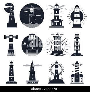Leuchttürme Logo. Seemannsetikett, Seefeuer, Meer mit Wellen und Möwen. Nacht Leuchtturm Turm, Navigation Gebäude Vektor-Set Stock Vektor