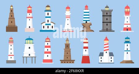 Seefeuer. Leuchtturm Küste mit Suchscheinwerfer. Cartoon Navigationsturm für Segelschiff. Marine Leuchttürme auf Meeresküste Vektor-Set Stock Vektor