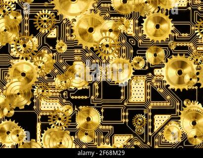 Abstrakter Hintergrund, der das Zusammenspiel von modernen Technologien und alten zeigt Mechanismen Stockfoto