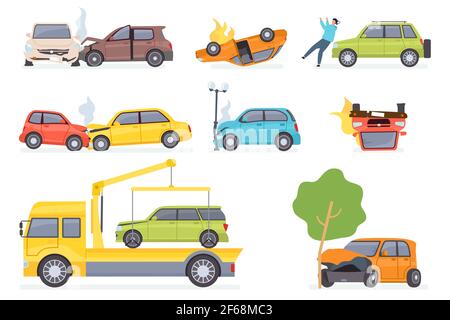 Autounfall. Versicherung Transport auf Abschleppwagen, Auto Kollision mit Baum oder Straßenbeleuchtung, schlagen Fußgänger. Fahrzeug Crash-Vektor eingestellt Stock Vektor
