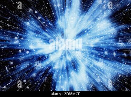 Fliegen helle kalte Strahlen im Raum Sterne Hintergrund Stockfoto