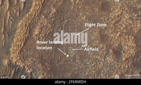 Dieses Bild, das am 23. März 2021 veröffentlicht wurde, zeigt, wo das NASA-Team Ingenuity Mars Helicopter seine Testflüge versuchen wird. Hubschrauberingenieure fügten die Standorte für die Rover-Landeplatz (auch bekannt als "Octavia E. Butler Landing"), den Flugplatz (der Bereich, wo der Hubschrauber starten und wieder), Und die Flugzone (der Bereich, in dem sie fliegen wird) auf einem Bild, das mit der HiRISE-Kamera (High Resolution Imaging Experiment) an Bord des Mars Reconnaissance Orbiter der NASA aufgenommen wurde. NASA zielt nicht vor April 8 für den Ingenuity Mars Hubschrauber, um den ersten Versuch zu machen, an einem powered, cont Stockfoto