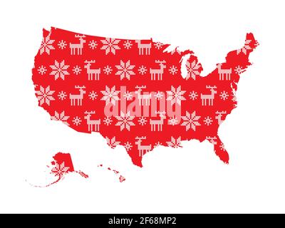 Vektor isolierte Illustration für Neujahr und Weihnachten. Vereinfachte USA-Karte. Rote Muster verziert weiße Kreuz genäht Schneeflocken und Rentie Stock Vektor
