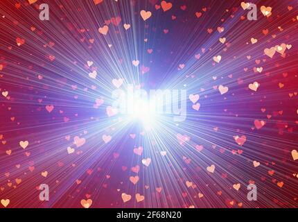 Heller Lichtblitz vor dem Hintergrund vieler bemalter Herzen. Licht am Ende des Tunnels Stockfoto