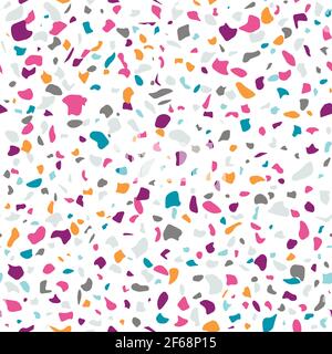 Vektor Bunte nahtlose Terrazzo-Muster. Marmormosaikboden mit Natursteinen, Granit, Beton, Quarz. Weißer Hintergrund. Leuchtendes Orange, Tur Stock Vektor