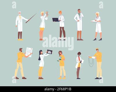 Wohnung Cartoon Charakter Ärzte bei der Arbeit Set Vektor Illustration Konzept Stock Vektor