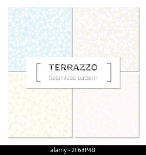 Vektor-Set von abstrakten nahtlose Terrazzo-Muster. Marmormosaikboden mit Natursteinen, Granit, Beton. Helle Pastellfarben Stock Vektor