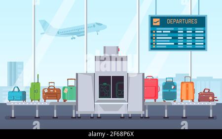 Gepäckscanner am Flughafen. Transportband mit Gepäck und Kontrollterminal. Sicherheitskontrolle für Taschen und Koffer Vektor-Konzept Stock Vektor