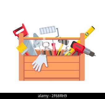 Werkzeugkasten mit Ausrüstung. Holzbaukasten mit Säge, Bohrer, Bürstenkelle und Bauebene. Hausreparaturwerkzeuge. Wartungsvektorkonzept Stock Vektor