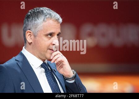 München, Deutschland. März 2021, 30th. Basketball: Euroleague, FC Bayern München - Fenerbahce Istanbul im Audi Dome. Trainer Igor Kokskov von Fenerbahce Istanbul ist am Rande. Quelle: Matthias Balk/dpa/Alamy Live News Stockfoto