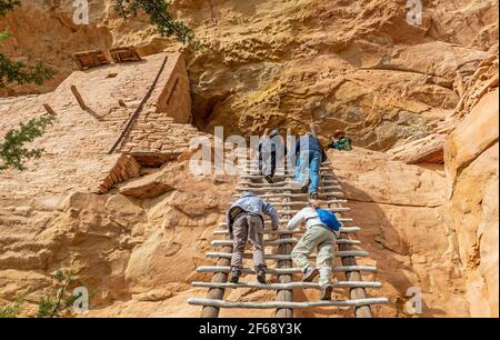 Touristen klettern eine Leiter, um die Long House Klippe Wohnung der Pueblo Zivilisation, Mesa Verde Nationalpark, Colorado, USA zu erreichen. Stockfoto