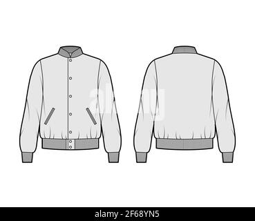 Varsity Bomber Jacke technische Mode Illustration mit Rib Baseball Kragen, Taschen, Knopfverschluss, übergroße, lange Ärmel. Flache Mantelschablone vorne, hinten, grau. Damen Herren Unisex TOP CAD Stock Vektor